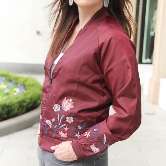 LOVE FIRE FLORAL EMBROIDERED BURGUNDY SATIN BOMBER JACKET LIGHT WEIGHT ZIP FRONT - Picture 2 of 9